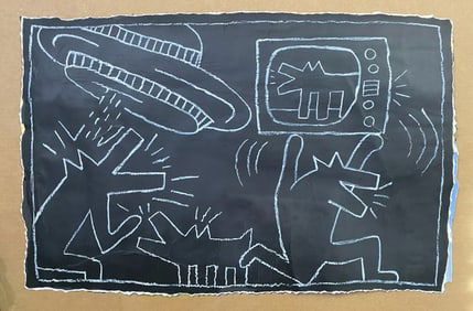 Keith Haring Painting -NYC Subway 1980’s- NYC Subway Chalk drawing on Black paper.