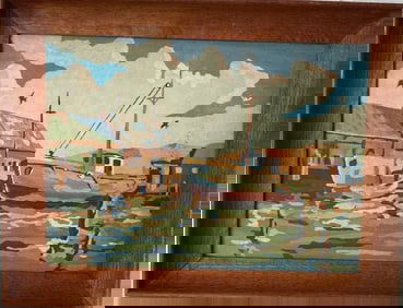 Antique Boat Painting on Canvas cardboard wood frame