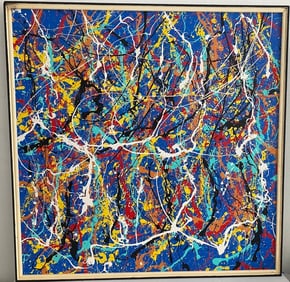 Jackson Pollock Painting on Canvas Black Wood Frame Stamp at Verso