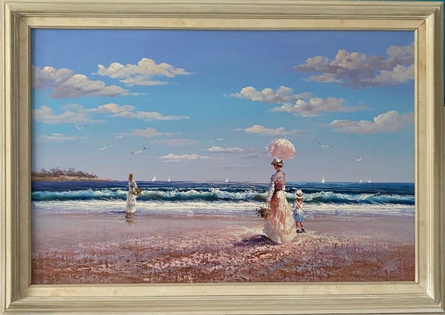 J. Miller Framed Painting, Edwardian Beach Scene: J. Miller Framed Painting, Edwardian Beach Scene. Painting on canvas framed.Painting size: 24 x 36. Frame size size: 41 x 29 x1. Ready to hang.John Miller was an English artist born in London who beca