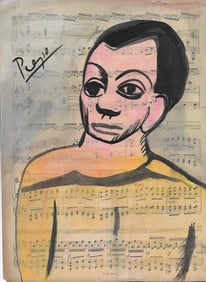 Mixed Media Pablo Picasso (after artist) Drawing on Paper Music Notes.