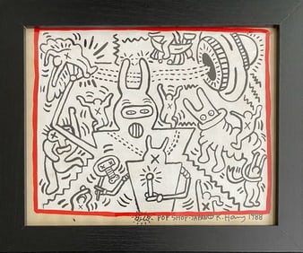 Keith Haring Drawing, Stamp on Verso, Pop Art on paper