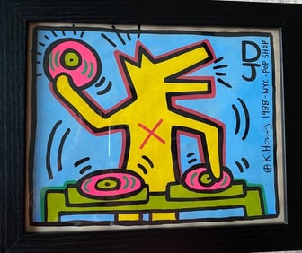 Keith Haring Drawing, Stamp on Verso, Pop Art on paper