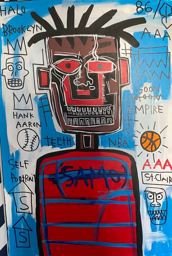 Jean Basquiat Painting on Canvas "Arron" Samo: Jean Basquiat Painting on Canvas "1984" "Arron" Samo. Jean Michel Basquiat Large Painting Fits Basquiat 1984 - Size : 36 by 24 inches Large Expressionism Painting on Stretcher Canvas. Acquired from pr