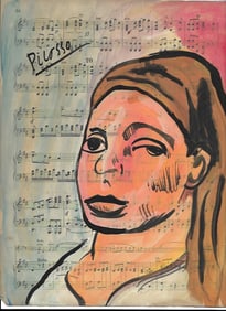 Mixed Media Pablo Picasso (After Artist) Drawing on Paper Music Notes