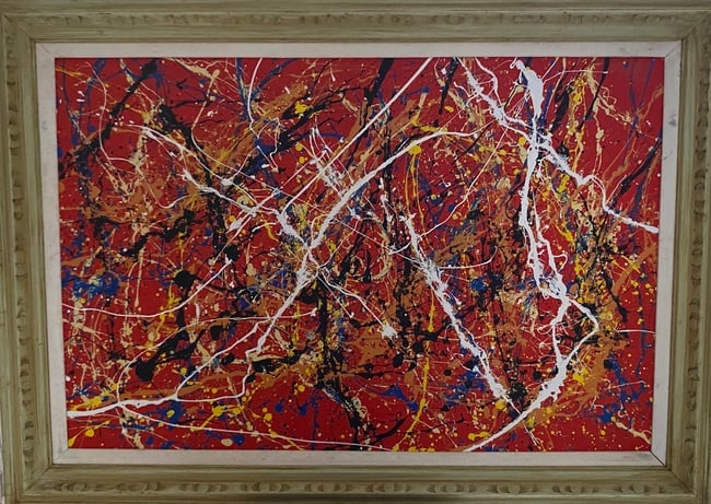 Jackson Pollock Abstract Painting on Canvas with wood Frame: Jackson Pollock Abstract Painting on Canvas with wood Frame-Approx Painting Size: 36 x 24 Inches.Wood Frame size: 43 x 31. Private New York Collector. Painting is done in the modern, abstract expressi