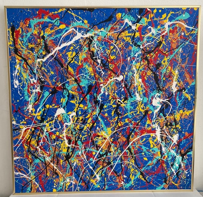 Jackson Pollock Painting on Canvas Gold Metal Frame Stamp at Verso: Jackson Pollock Painting on Canvas Gold Metal Frame Stamp at Verso. Size: 36 x 36 inches . Gold Metal frame measures approximately 36 1/2 x 36 1/2 inches. The painting was acquired from a Ny Private c