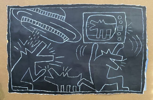 Keith Haring Painting -NYC Subway 1980’s- NYC Subway Chalk drawing on Black paper.: Keith Haring Painting -NYC Subway 1980’s- NYC Subway Chalk drawing on Black paper. 42nd Street Subway, New York. Measures approximately: 32 x 24. Frame measures : 38 by 26 inches inches on Paper tha