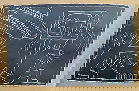 Keith Haring Painting -NYC Subway 1980’s- NYC Subway Chalk drawing on Black paper.: Keith Haring Painting -NYC Subway 1980’s- NYC Subway Chalk drawing on Black paper. 42nd Street Subway, New York. Measures approximately: 32 x 24. Frame measures : 38 by 26 inches inches on Paper tha