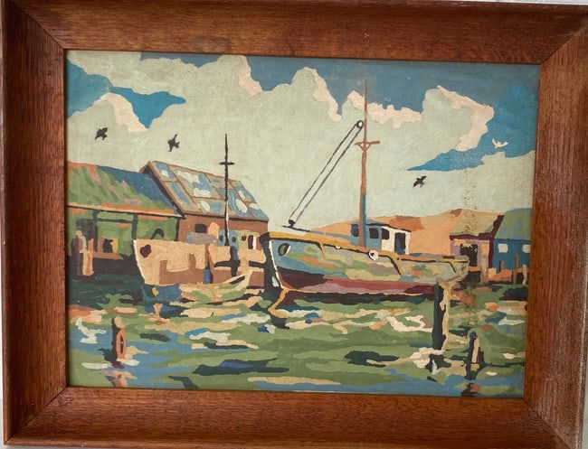 Antique Boat Painting on Canvas cardboard wood frame (1 of 4)