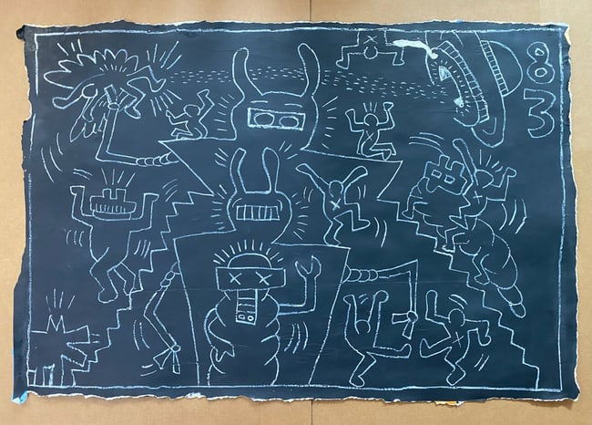 Keith Haring Painting -NYC Subway 1980’s- NYC Subway Chalk drawing on Black paper.: Keith Haring Painting -NYC Subway 1980’s- NYC Subway Chalk drawing on Black paper. 42nd Street Subway, New York. HUGE Measures approximately: 52 by 34 inches on Paper that was used to cover old adve