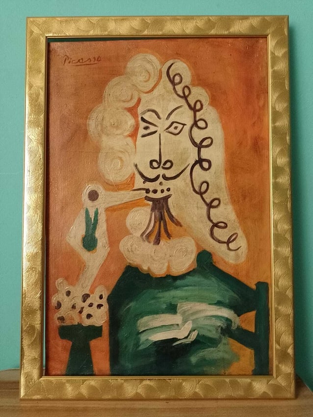 PABLO PICASSO ARTIST OIL PAINTING ON CANVAS: PABLO PICASSO ARTIST OIL PAINTING ON CANVAS (After Artist) WITH FRAME.Framed Approx size: 24 x 15. No documentation or COA. Sold as is. Good ConditionAfter definition: For paintings/unique works: The