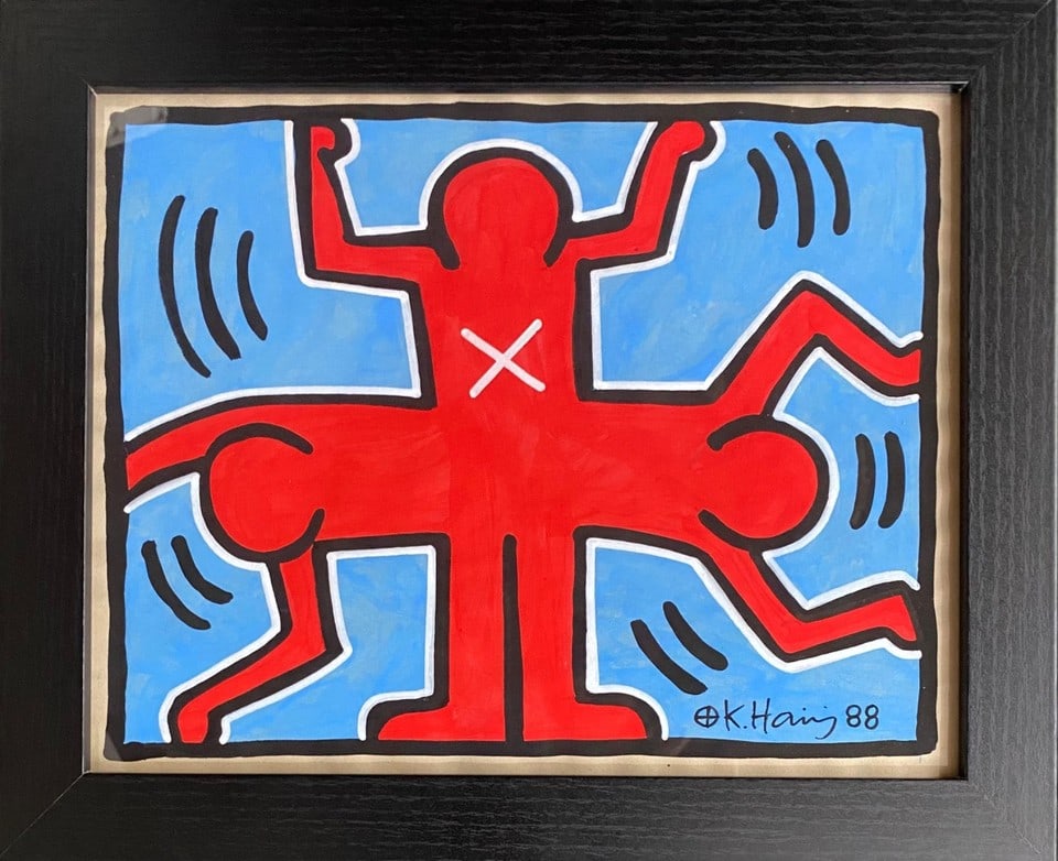 Keith Haring Drawing, Stamp on Verso: Keith Haring Drawing, Stamp on Verso, Drawing on paper. Image Approximately Size:10 x 8 inches.The frame measures 10 x 12 inches . This Drawing does not carry established document provenance, nor is a