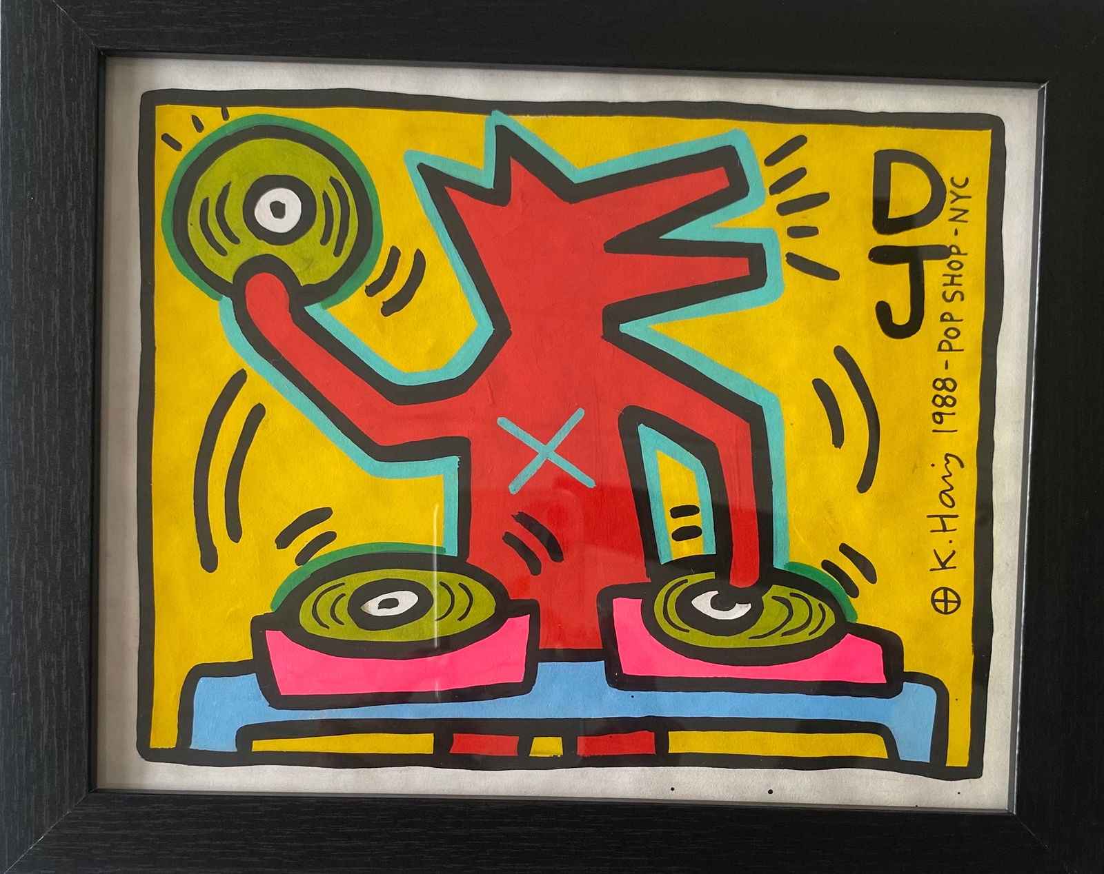 Keith Haring drawing on Rare Unique vintage paper: Keith Haring drawing on Rare Unique vintage paper Signed and dated Stamped On reverse Approximately 8 x 10 inches.The frame measures 10 x 12 inchesThe drawing has minor wear from time but over all con