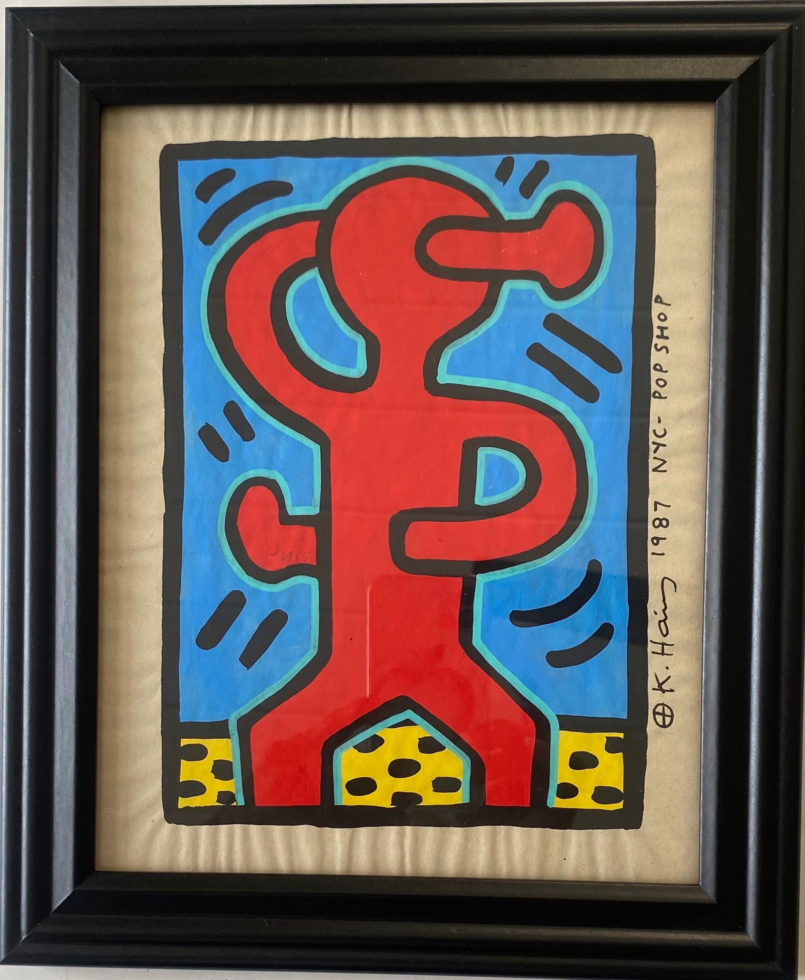 Keith Haring drawing on Rare Unique vintage paper: Keith Haring drawing on Rare Unique vintage paper Signed and dated Stamped On reverse Approximately 8 x 10 inches.The frame measures 10 x 12 inchesThe drawing has minor wear from time but over all con