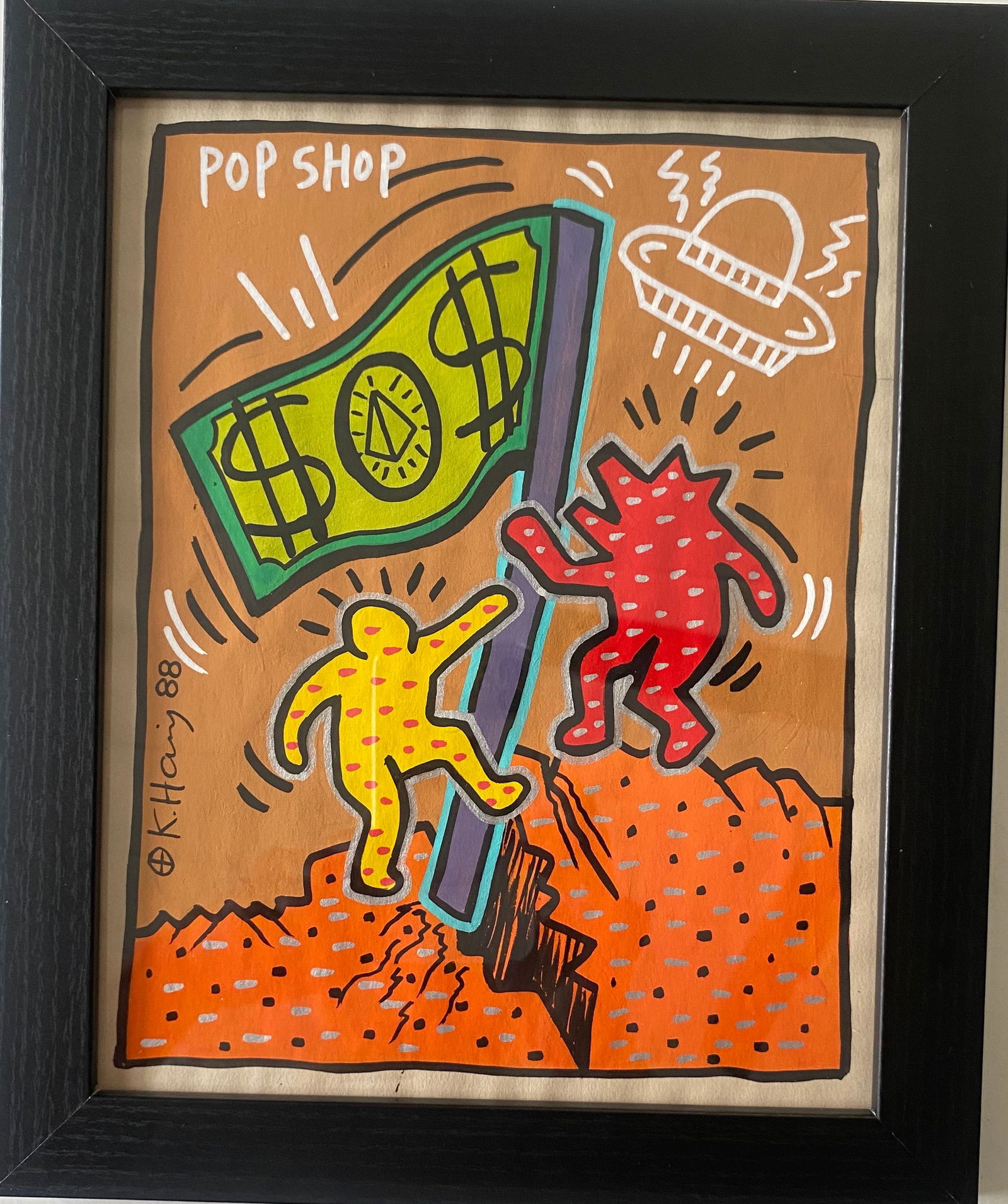 Keith Haring drawing on Rare Unique vintage paper "Pop Shop": Keith Haring drawing on Rare Unique vintage paper Signed and dated Stamped On reverse Approximately 8 x 10 inches.The frame measures 10 x 12 inchesThe drawing has minor wear from time but over all con