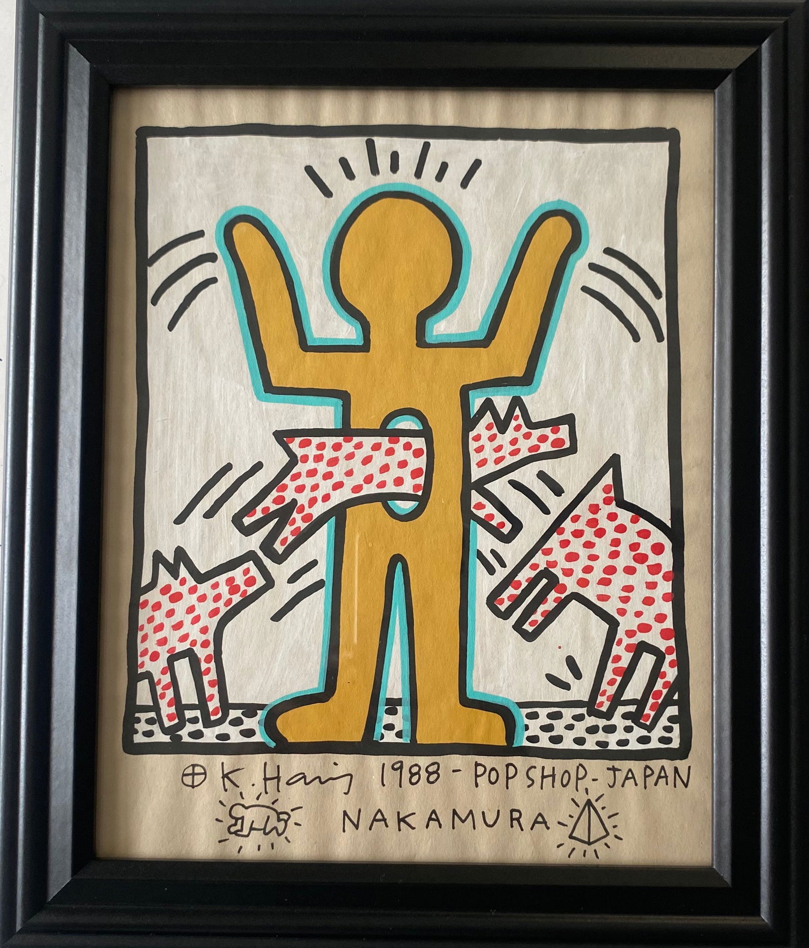 Keith Haring drawing on Rare Unique vintage paper "Pop Shop": Keith Haring drawing on Rare Unique vintage paper "Pop Shop" Signed and dated Stamped On reverse Approximately 8 x 10 inches.The frame measures 10 x 12 inchesThe drawing has minor wear from time but o
