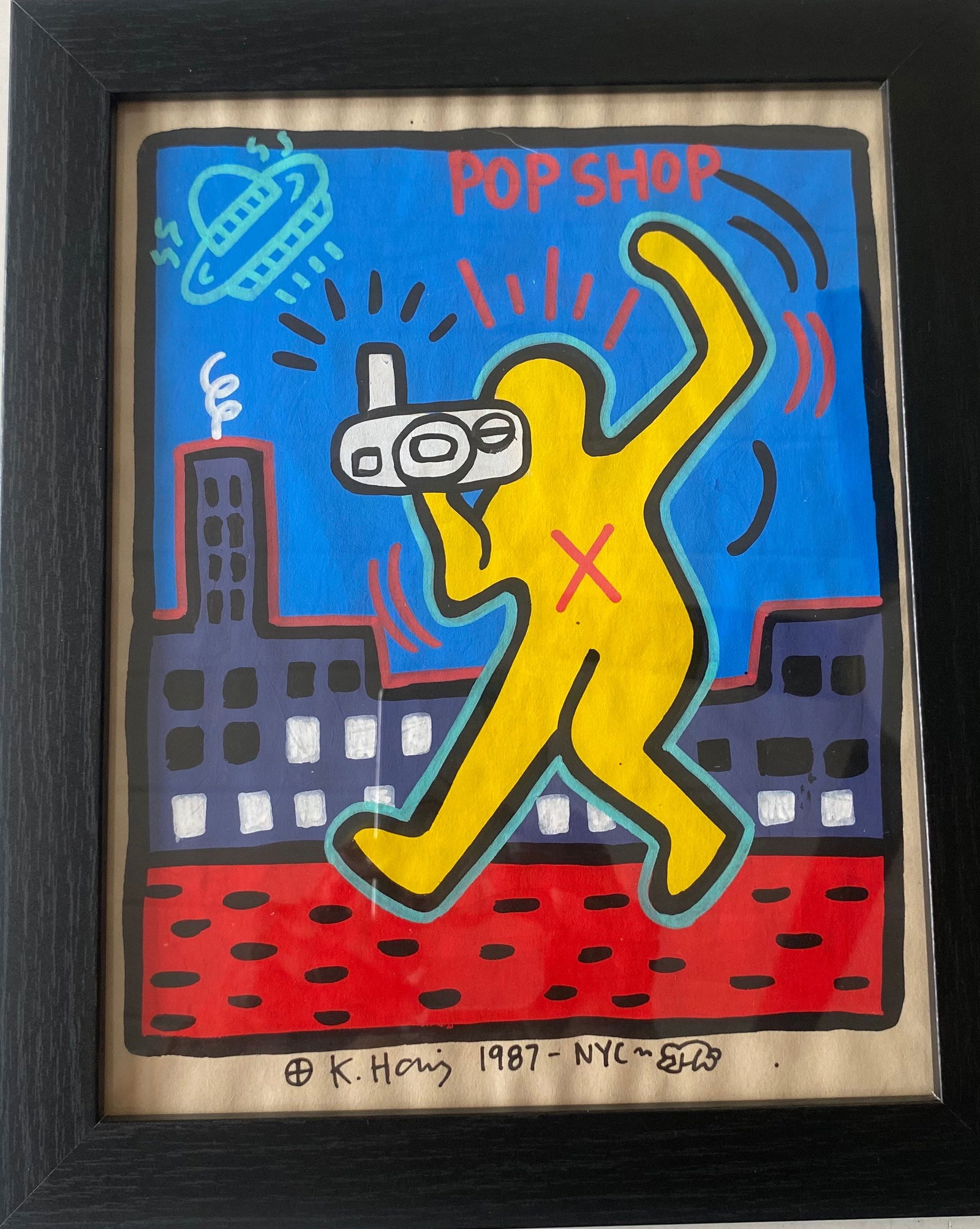 Keith Haring drawing on Rare Unique vintage paper "NY City": Keith Haring drawing on Rare Unique vintage paper "NY City" Pop ShopSigned and dated Stamped On reverse Approximately 8 x 10 inches.The frame measures 10 x 12 inchesThe drawing has minor wear from tim