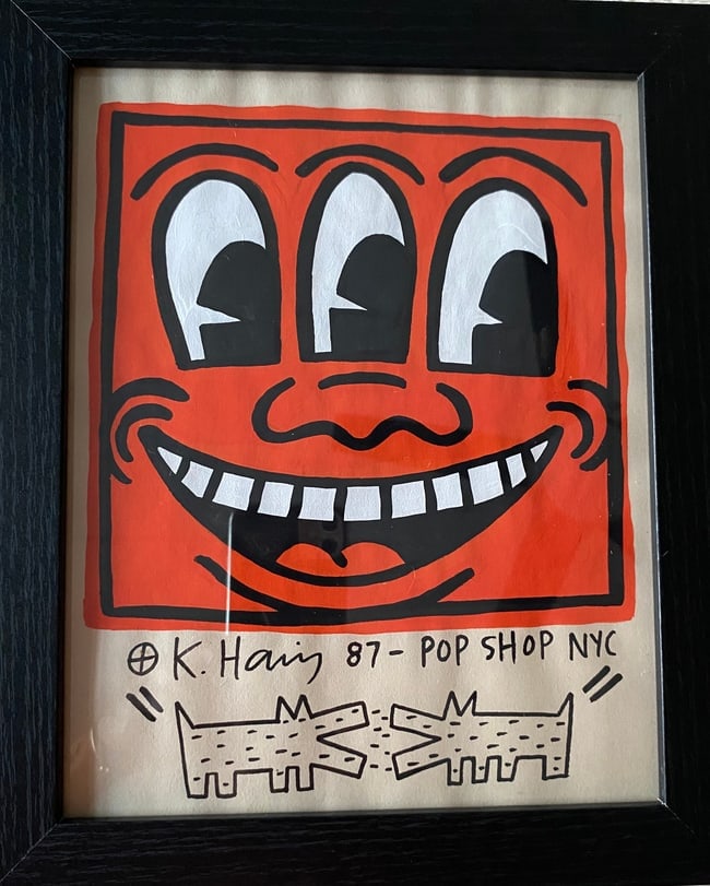 Keith Haring Drawing, Stamp on Verso, Pop Art on paper: Keith Haring Drawing, Stamp on Verso, Pop Art on paper. Image Approximately Size:10 x 8 inches.The frame measures 10 x 12 inches . This Drawing does not carry established document provenance, nor is a