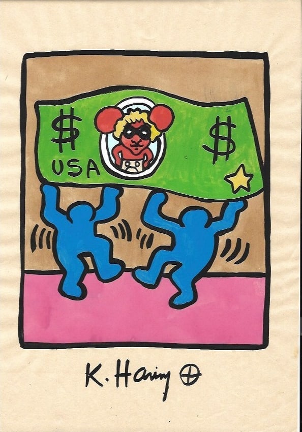 Keith Haring Drawing, Stamp on Verso: Keith Haring Drawing, Stamp on Verso, Pop Art on paper. Image Approximately Size:10 x 8 inches. . This painting does not carry established document provenance, nor is any record of auction history des
