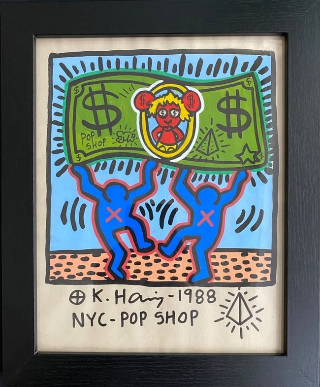 Keith Haring Drawing on Unique Paper SIGNED NYC POP SHOP: Keith Haring Drawing on Unique Paper SIGNED NYC POP SHOP. Size: 8 x 10 inches on paper.The frame measures approximately 10 x 12 inches.This is not a print of any kind. The drawing was acquired from a