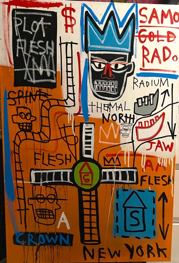 Basquiat Painting on Canvas 1983 Fits ."Samo Crown": Basquiat Painting on Canvas 1983 Fits ."Samo Crown"- Jean Michel Basquiat Large Painting Fits Basquiat 1983 - Size : 36 by 24 inches Large Expressionism Painting on Stretcher Canvas. Acquired from pri
