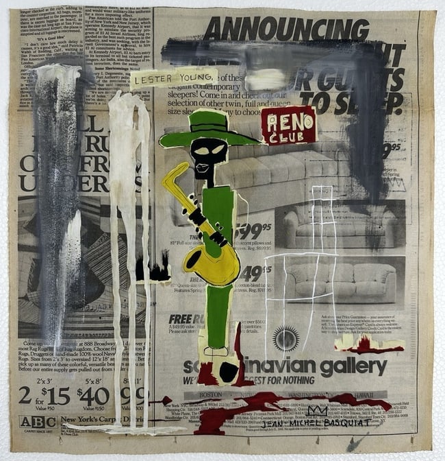 Jean-Michel BASQUIAT / SAMO/ Lester Young: Jean-Michel BASQUIAT / SAMO Lester Young on NewsPaper.size:Measure: 13 3/4 in. x 14 1/2 in.Jean-Michel Basquiat (b. 1960). Was an American artist who rose to success during the 1980s as part of the Ne