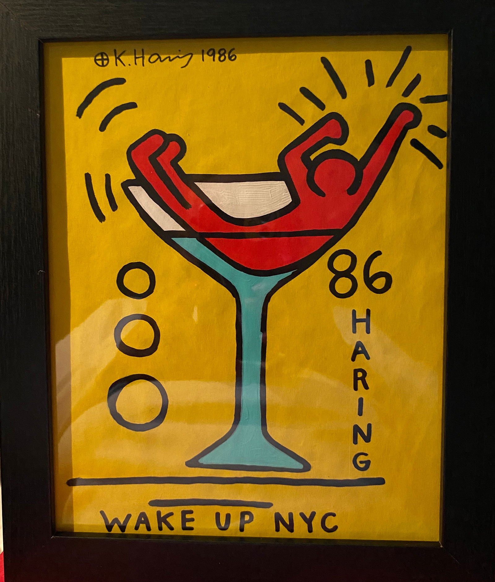 Keith Haring Drawing, Stamp on Verso, 86 wake up NYC (1 of 3)