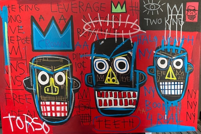 Jean Basquiat Painting on Canvas "King ": Jean Basquiat Painting on Canvas "King ". Jean Michel Basquiat Large Painting Fits Basquiat 1982 - Size : 36 by 24 inches Large Expressionism Painting on Stretcher Canvas. Acquired from private collec