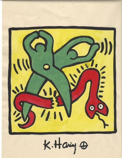 Keith Haring Mixed Media Drawing on Paper: Keith Haring Mixed Media Drawing on Paper . Approx Drawing 8 x 12 inches .The technique employed in this composition resonates with the distinctive style of Keith Haring, an influential artist known f