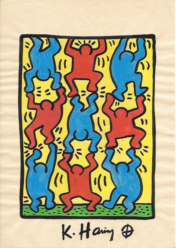 Keith Haring Drawing, Stamp on Verso: Keith Haring Drawing, Stamp on Verso, Pop Art on paper. Image Approximately Size:10 x 8 inches. This painting does not carry established document provenance, nor is any record of auction history descr