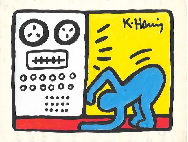 Keith Haring Drawing, Stamp on Verso, Pop Art on paper: Keith Haring Drawing, Stamp on Verso, Pop Art on paper. Image Approximately Size:10 x 8 inches. . This painting does not carry established document provenance, nor is any record of auction history des