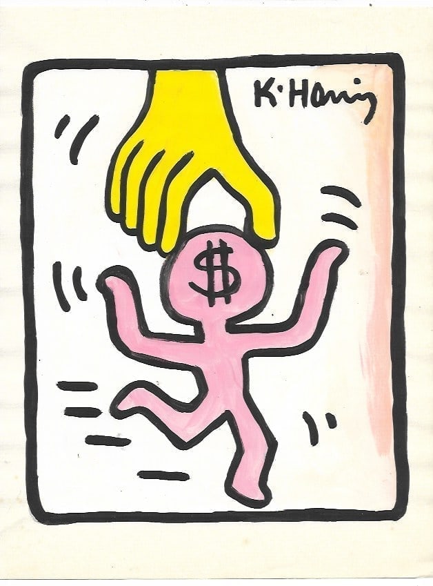 Keith Haring Drawing, Stamp on Verso: Keith Haring Drawing, Stamp on Verso, Pop Art on paper. Image Approximately Size:10 x 8 inches. . This painting does not carry established document provenance, nor is any record of auction history des