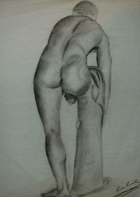 Louise Canuet, large academy charcoal drawing: Louise Canuet, large academy charcoal drawing. Nude man leaning forward. 19th c. Louise Canuet. 19th C. French listed artist.Original drawing, charcoal on laid paper. Signed. Unframed.Size: 23" x 16 1