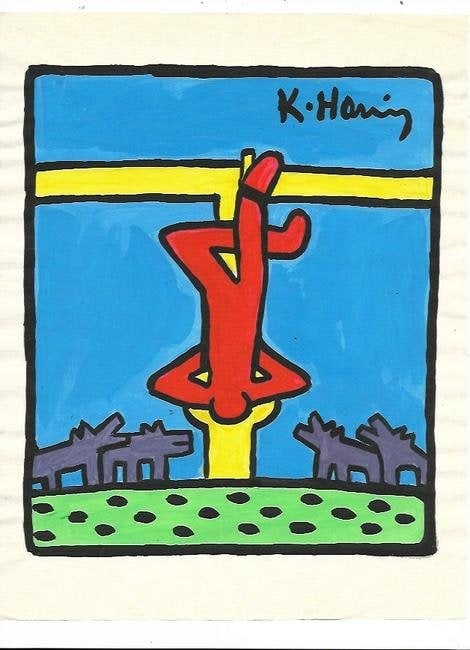 Keith Haring Drawing-Pop Art on paper: Keith Haring Drawing, Stamp on Verso, Pop Art on paper. Image Approximately Size:10 x 8 inches. . This painting does not carry established document provenance, nor is any record of auction history des