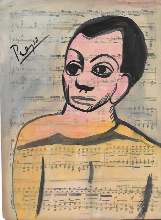 Mixed Media Pablo Picasso (after artist) Drawing on Paper Music Notes.: Mixed Media Pablo Picasso (after artist) Drawing on Paper Music Notes. Approx Size: 12 x 8 1/2 inches. Provenance: Private NY Collection. sold as is After definition: For paintings/unique works: The w