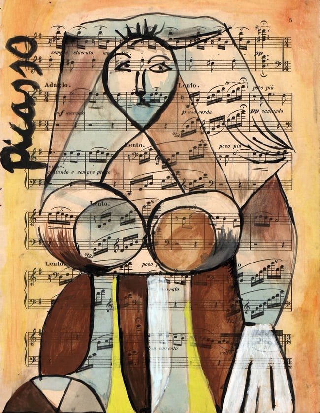 Mixed Media Pablo Picasso Drawing on Paper After (artist) (1 of 2)
