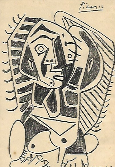 Picasso Drawing Mixed Media on Paper: Picasso Drawing Mixed Media on Paper.After(artist)Figure. Size: 8 1/4 X 5 1/2 Inches.Due to age, the paper may have stains, torn corners, It may also have wrinkles.Good vintage condition. See photos a