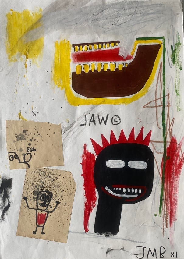 Jean-Michel Basquiat Expressionism Hand Painting Drawing on Paper: Jean-Michel Basquiat Expressionism Hand Painting Drawing collage on Thick Paper. Size: 16 1/2 x 11 3/4 Inches. Provenance: Private NY collector. it is being sold in the manner or style of the artist A