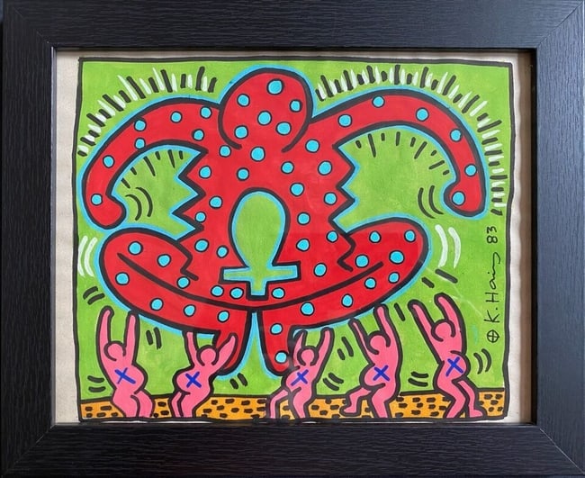 Keith Haring’s “87" Pop Art Era: Keith Haring’s “87”.. Approx Painting Size: 10 x 8, Approx New Frame Size: 10 x 12 inches.It is being sold after, attributed and in the style or manner of the artist.Keith Haring American 19