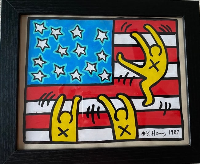 Keith Haring Drawing, Stamp on Verso, Pop Art on paper: Keith Haring Drawing, Stamp on Verso, Pop Art on paper. Image Approximately Size:10 x 8 inches.The frame measures 10 x 12 inches . This Drawing does not carry established document provenance, nor is a