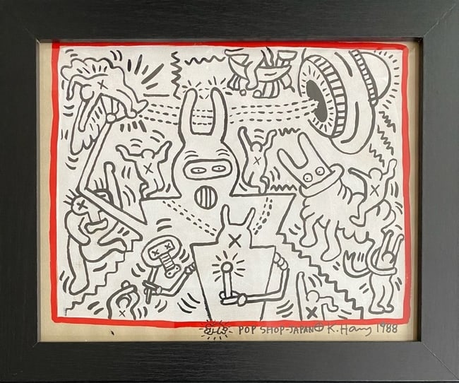 Keith Haring Drawing, Stamp on Verso, Pop Art on paper: Keith Haring Drawing, Stamp on Verso, Pop Art on paper. Image Approximately Size:10 x 8 inches.The frame measures 10 x 12 inches . This Drawing does not carry established document provenance, nor is a