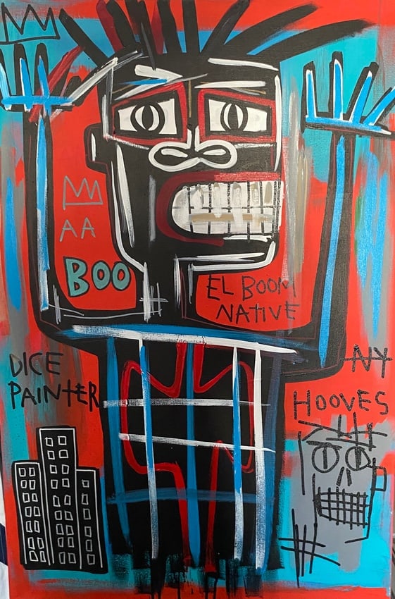 Jean Basquiat Painting on Canvas Self Portrait: Jean Basquiat Painting on Canvas Self Portrait. Jean Michel Basquiat Large Painting Fits Basquiat 1984 - Size : 36 by 24 inches Large Expressionism Painting on Stretcher Canvas. Acquired from private 