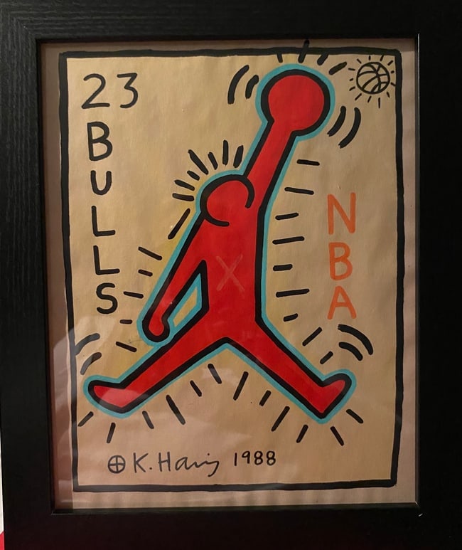 Keith Haring Drawing, Stamp on Verso, NBA: Keith Haring Drawing, Stamp on Verso,NBA . Image Approximately Size:10 x 8 inches.The frame measures 10 x 12 inches . This Drawing does not carry established document provenance, nor is any record of 