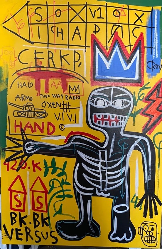 Jean Basquiat Painting on Canvas "1984" Cerk: Jean Basquiat Painting on Canvas "1984" Cerk. Jean Michel Basquiat Large Painting Fits Basquiat 1984 - Size : 36 by 24 inches Large Expressionism Painting on Stretcher Canvas. Acquired from private co