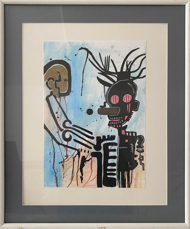 Jean Basquiat Print on Paper: Jean Basquiat Print on Paper, Modern Art 20th Century. Painting Size:16 x 11 inchesFrame size: 25 x 21.Style of . See photos as part of the description . Sold as is. PROVENANCE: NEW YORK Private colle