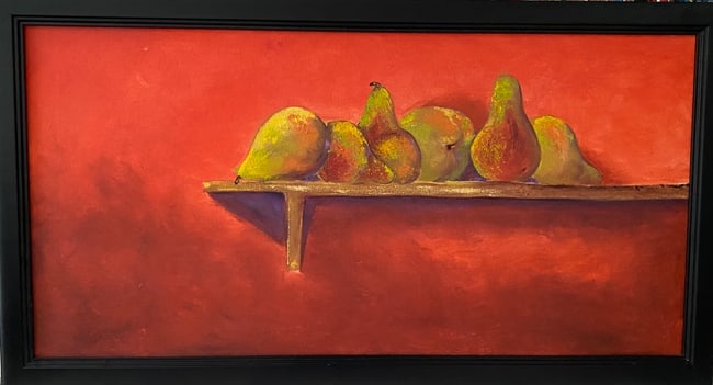 Fruit of Life Pears Painting on Canvas: Fruit of Life Pears Painting on Canvas. Painting Size:30 x 15 inches. Black Frame size:31 1/2 x 17 1/2. See photos as part of the description . Sold as is. PROVENANCE: NEW YORK Private collection. See
