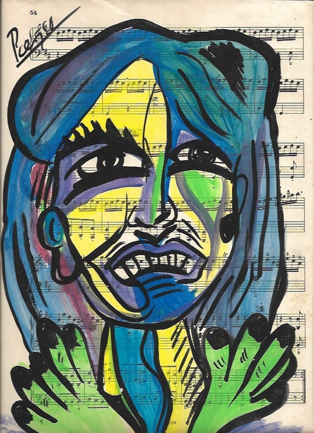 Mixed Media Pablo Picasso (After Artist) Drawing on Paper Music Notes: Mixed Media Pablo Picasso (After Artist) Drawing on Paper Music Notes. Approx Size: 12 x 8 1/2 inches. Provenance: Private NY Collection. It is being sold as in the manner Style of artist. Good Condit