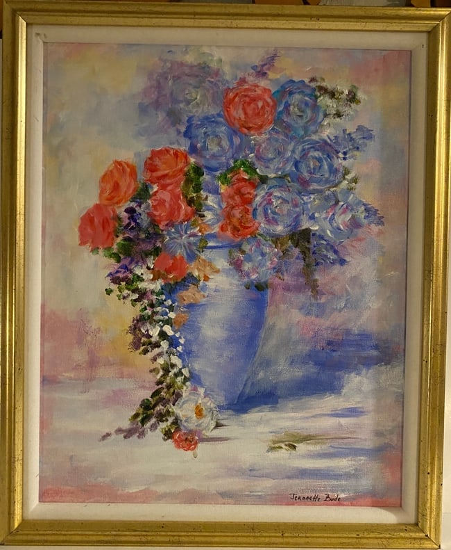 Flower on Vase Painting on Canvas Framed: Flower on Vase Painting on Canvas Framed Hand paint Jeannette Bode- Ready to hang.NY Private Collection. Approximate Artwork Size: 24 x 18 Inches. - Approximate Frame Size: 26 x 20 Inches. Condition -