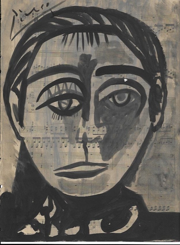 Mixed Media Pablo Picasso Drawing on Paper After (artist): Mixed Media Pablo Picasso Drawing on Paper Music Notes. Approx Size: 12 x 8 1/2 inches. Provenance: Private NY Collection.After (artist). Good Condition See Photos.The word â€œafter” is u